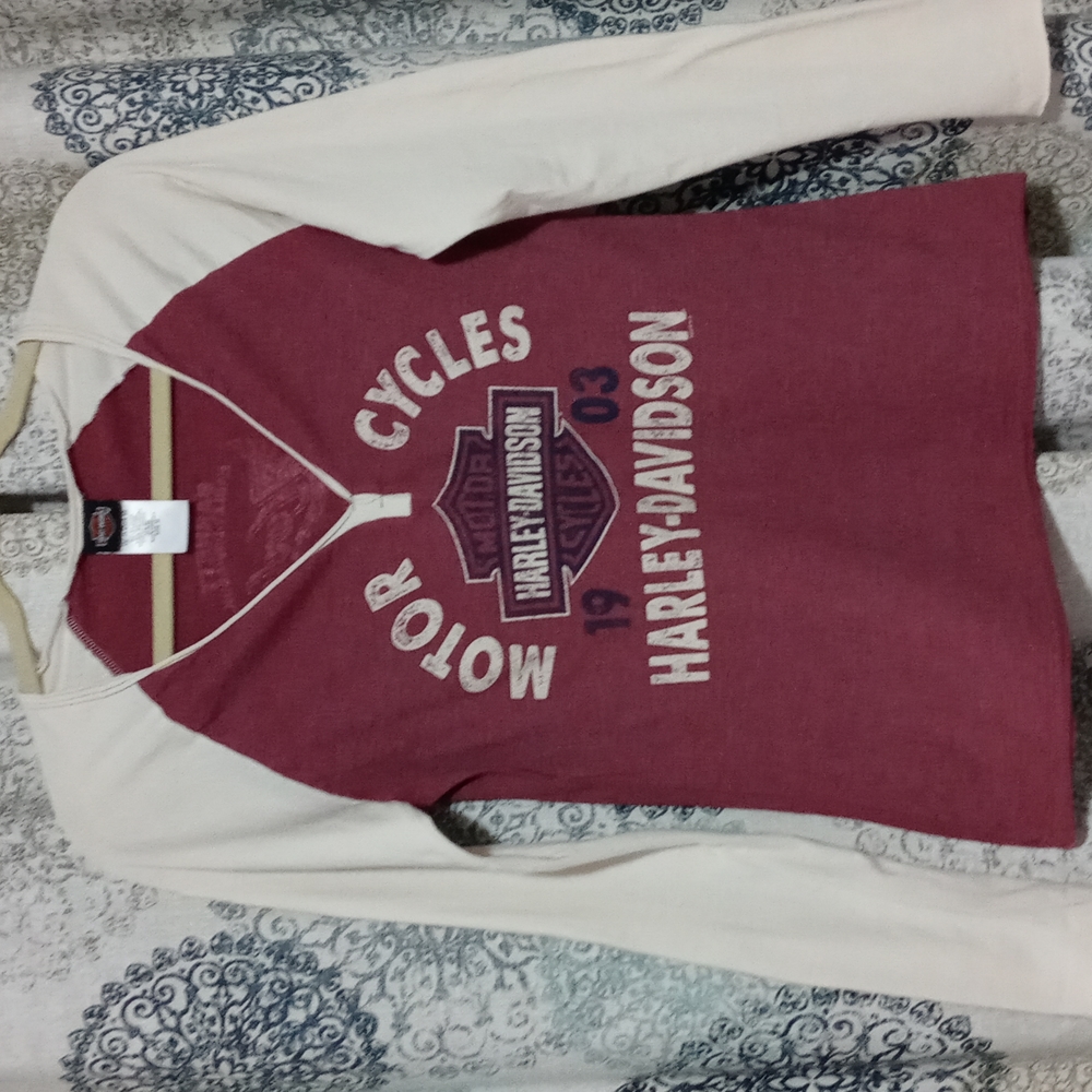 Long Sleeve Harley-Davidson T-shirt.  Maroonish and off White.